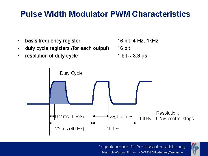 Pulse Width Modulator PWM Characteristics • • • basis frequency register duty cycle registers