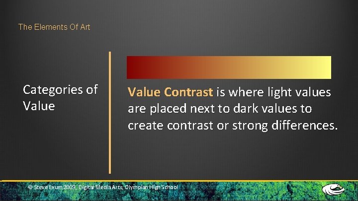 The Elements Of Art Categories of Value Contrast is where light values are placed