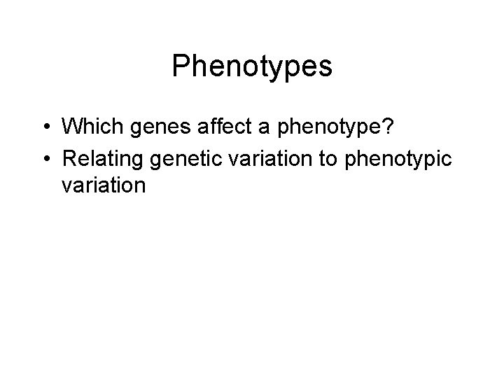 Phenotypes • Which genes affect a phenotype? • Relating genetic variation to phenotypic variation