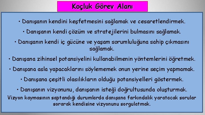 Koçluk Görev Alanı • Danışanın kendini keşfetmesini sağlamak ve cesaretlendirmek. • Danışanın kendi çözüm