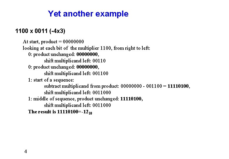 Yet another example 1100 x 0011 (-4 x 3) At start, product = 0000 Yet another example 1100 x 0011 (-4 x 3) At start, product = 0000