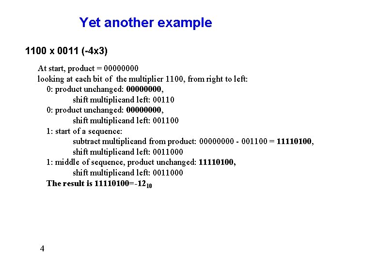 Yet another example 1100 x 0011 (-4 x 3) At start, product = 0000