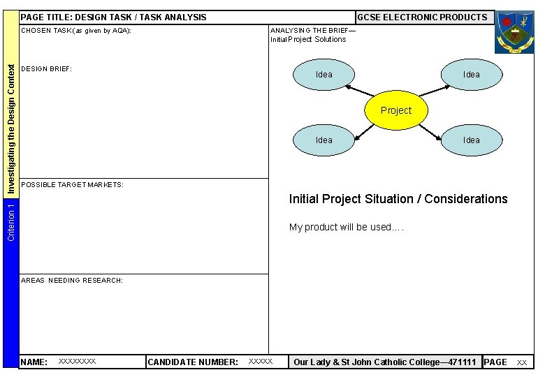 PAGE TITLE: DESIGN TASK / TASK ANALYSIS ANALYSING THE BRIEF— Initial Project Solutions DESIGN