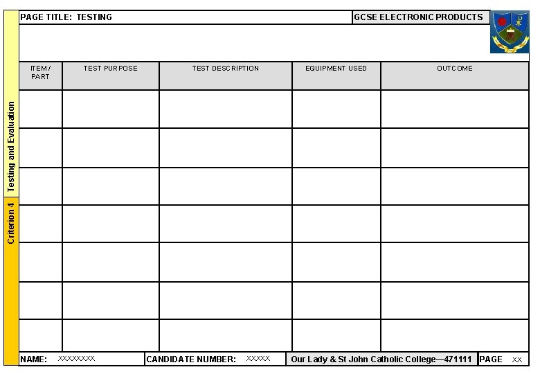 PAGE TITLE: TESTING Criterion 4 Testing and Evaluation ITEM / PART GCSE ELECTRONIC PRODUCTS