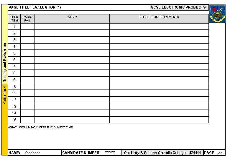 PAGE TITLE: EVALUATION (1) WHY ? POSSIBLE IMPROVEMENTS 1 2 3 Testing and Evaluation