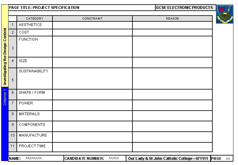 PAGE TITLE: PROJECT SPECIFICATION CATEGORY Criterion 1 Investigating the Design Context GCSE ELECTRONIC PRODUCTS