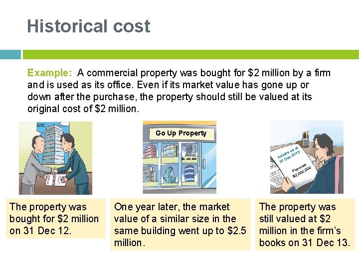 Historical cost Example: A commercial property was bought for $2 million by a firm