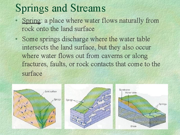 Springs and Streams • Spring: a place where water flows naturally from rock onto