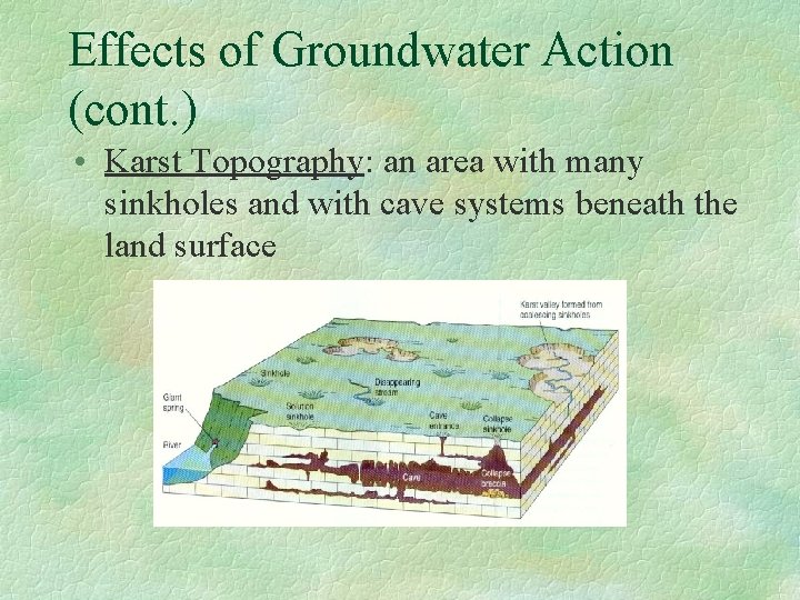 Effects of Groundwater Action (cont. ) • Karst Topography: an area with many sinkholes