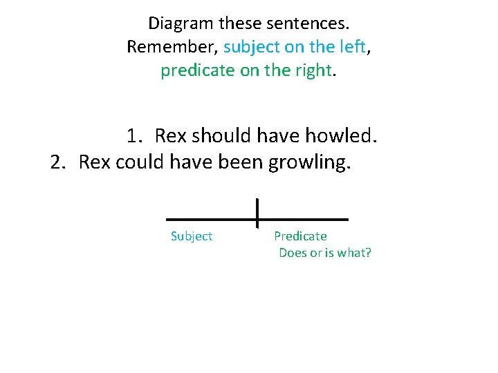 Diagram these sentences. Remember, subject on the left, predicate on the right. 1. Rex