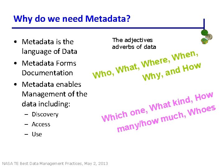 Why do we need Metadata? The adjectives • Metadata is the adverbs of data