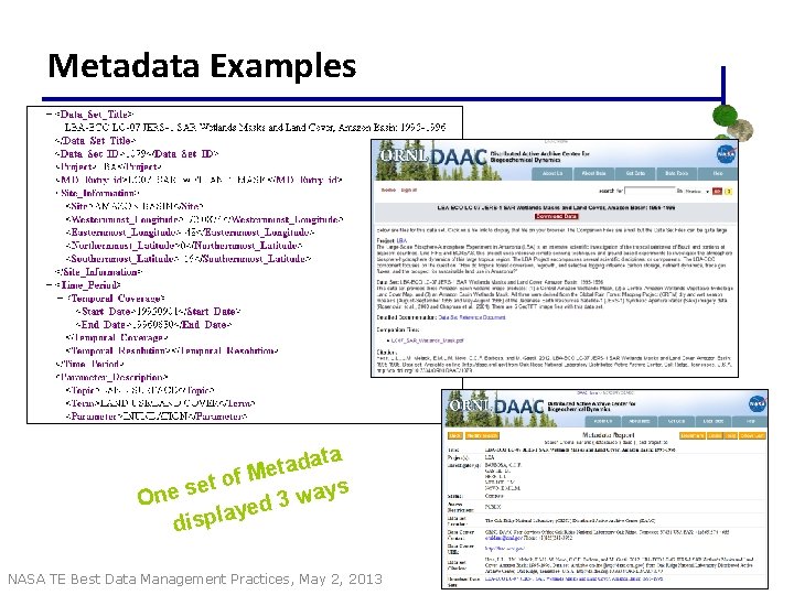 Metadata Examples ta a d a t f Me o t e ays w