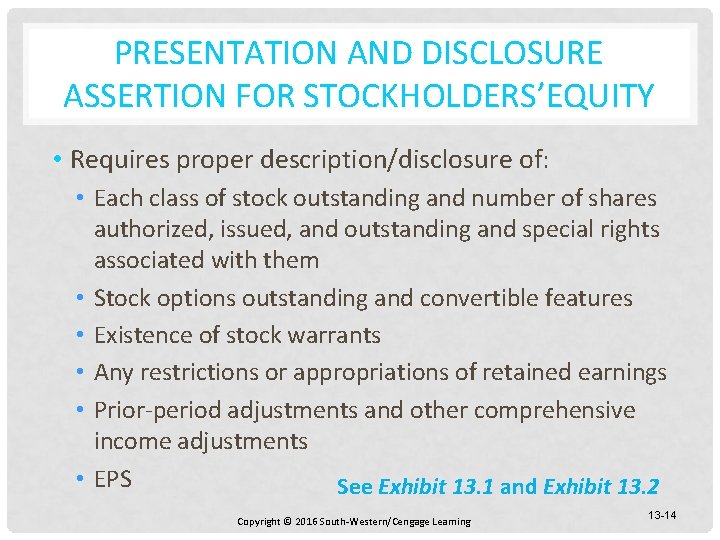 PRESENTATION AND DISCLOSURE ASSERTION FOR STOCKHOLDERS’EQUITY • Requires proper description/disclosure of: • Each class