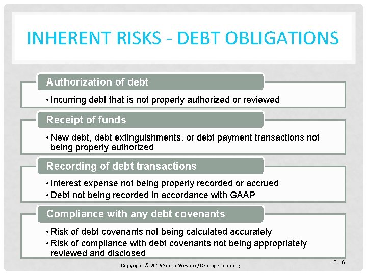 INHERENT RISKS - DEBT OBLIGATIONS Authorization of debt • Incurring debt that is not