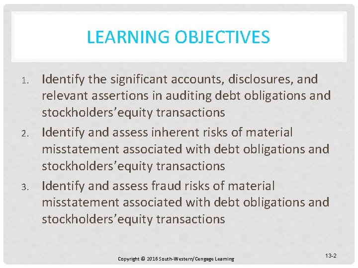 LEARNING OBJECTIVES 1. 2. 3. Identify the significant accounts, disclosures, and relevant assertions in