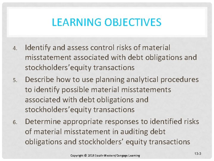 LEARNING OBJECTIVES 4. 5. 6. Identify and assess control risks of material misstatement associated