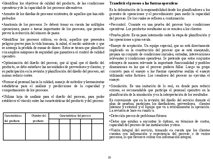  • Identificar los objetivos de calidad del producto, de las condiciones operativas y