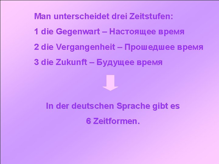 Man unterscheidet drei Zeitstufen: 1 die Gegenwart – Настоящее время 2 die Vergangenheit –