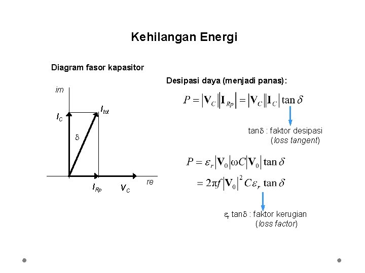 Kehilangan Energi Diagram fasor kapasitor Desipasi daya (menjadi panas): im Itot IC tan :