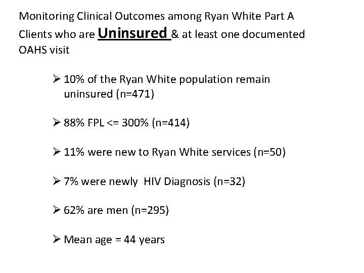 Monitoring Clinical Outcomes among Ryan White Part A Clients who are Uninsured & at