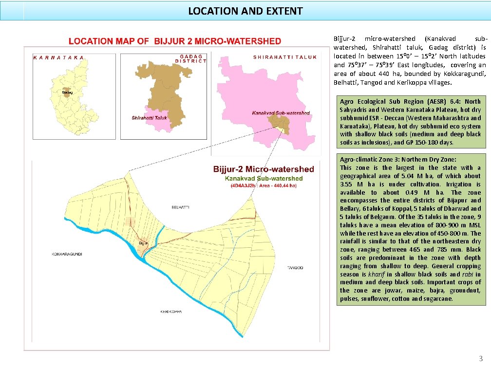 LOCATION AND EXTENT Bijjur-2 micro-watershed (Kanakvad subwatershed, Shirahatti taluk, Gadag district) is located in