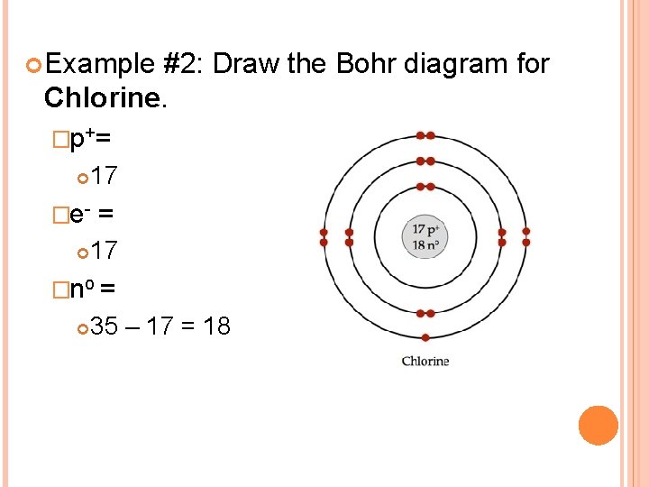  Example #2: Draw the Bohr diagram for Chlorine. �p+= 17 �e- = 17