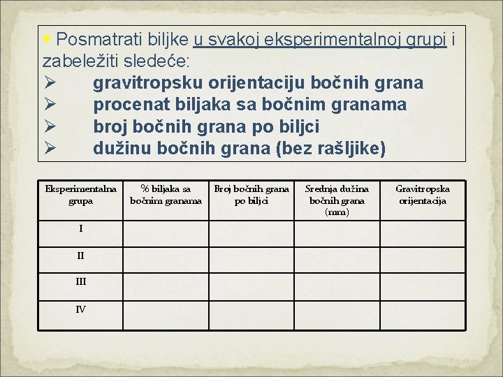 § Posmatrati biljke u svakoj eksperimentalnoj grupi i zabeležiti sledeće: Ø gravitropsku orijentaciju bočnih