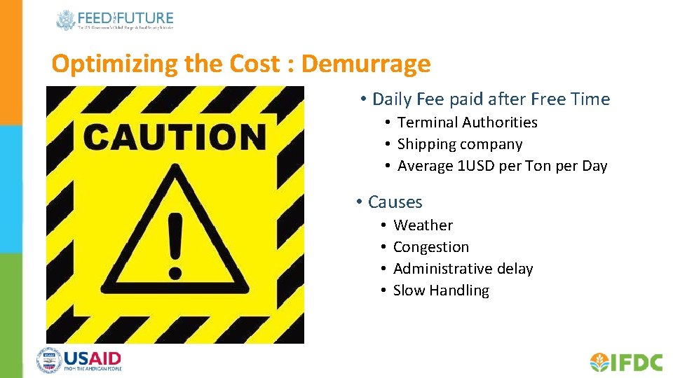 Optimizing the Cost : Demurrage • Daily Fee paid after Free Time • Terminal