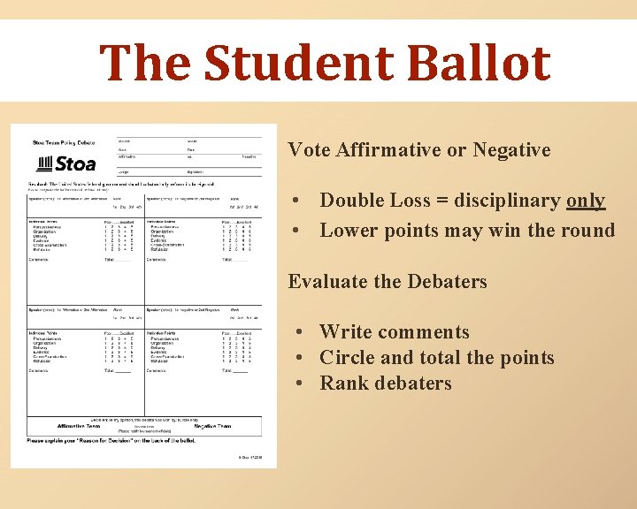 The Student Ballot Vote Affirmative or Negative • Double Loss = disciplinary only •
