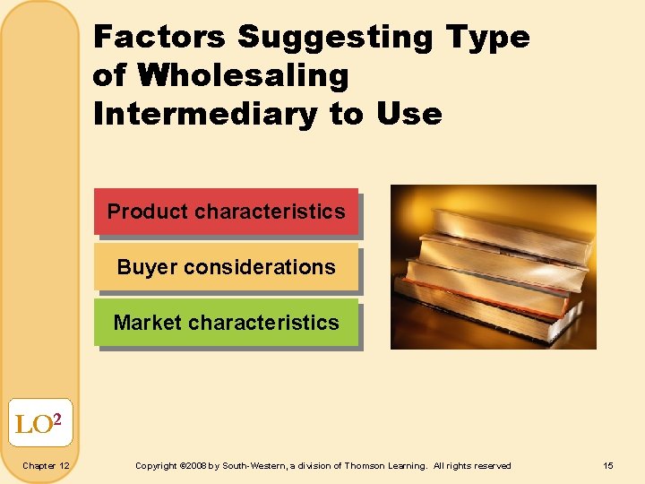 Factors Suggesting Type of Wholesaling Intermediary to Use Product characteristics Buyer considerations Market characteristics