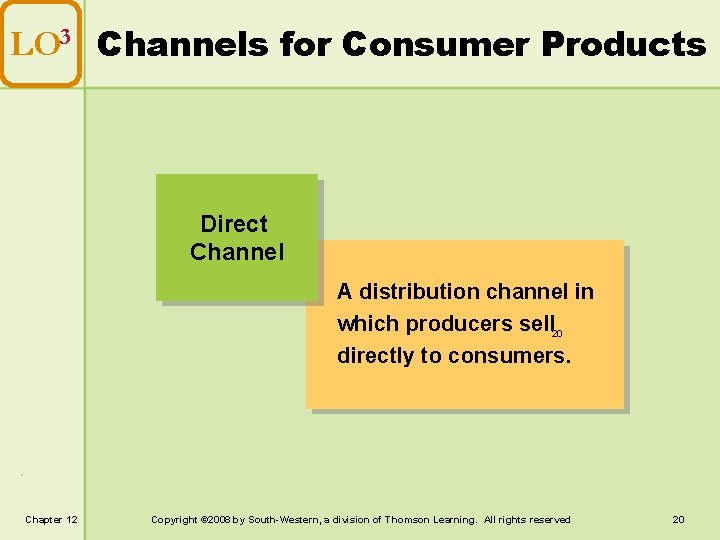 LO 3 Channels for Consumer Products Direct Channel A distribution channel in which producers