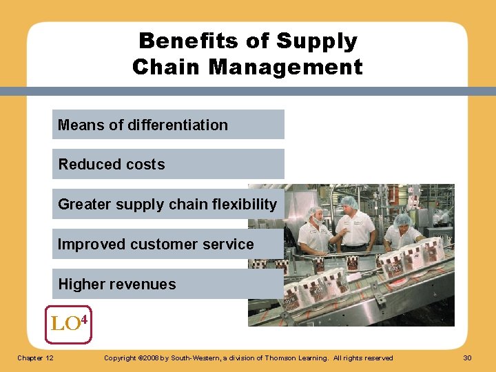 Benefits of Supply Chain Management Means of differentiation Reduced costs Greater supply chain flexibility
