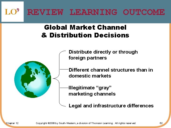 LO 9 REVIEW LEARNING OUTCOME Global Market Channel & Distribution Decisions Distribute directly or