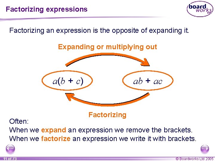 Factorizing expressions Factorizing an expression is the opposite of expanding it. Expanding or multiplying