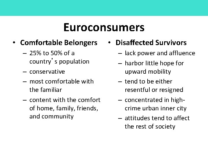 Euroconsumers • Comfortable Belongers – 25% to 50% of a country’s population – conservative Euroconsumers • Comfortable Belongers – 25% to 50% of a country’s population – conservative