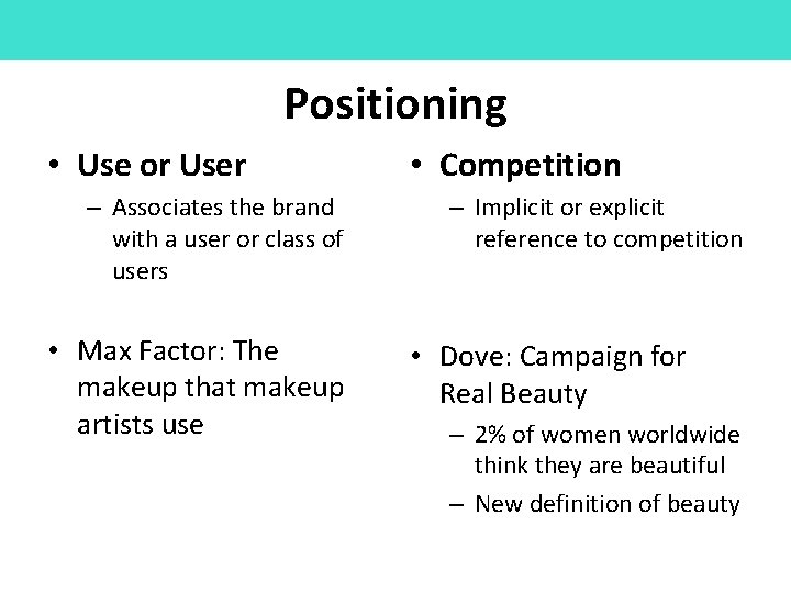Positioning • Use or User – Associates the brand with a user or class Positioning • Use or User – Associates the brand with a user or class