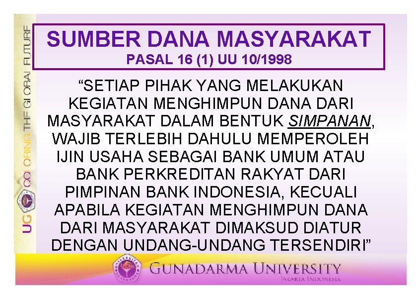 SUMBER DANA MASYARAKAT PASAL 16 (1) UU 10/1998 “SETIAP PIHAK YANG MELAKUKAN KEGIATAN MENGHIMPUN