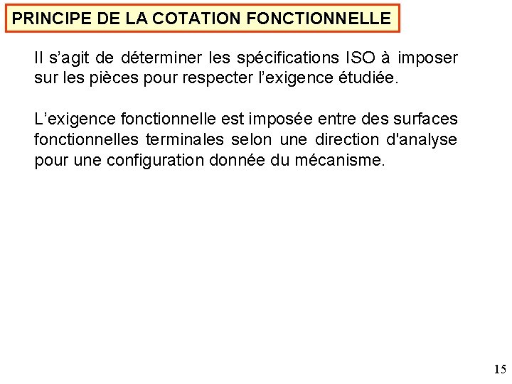 PRINCIPE DE LA COTATION FONCTIONNELLE Il s’agit de déterminer les spécifications ISO à imposer