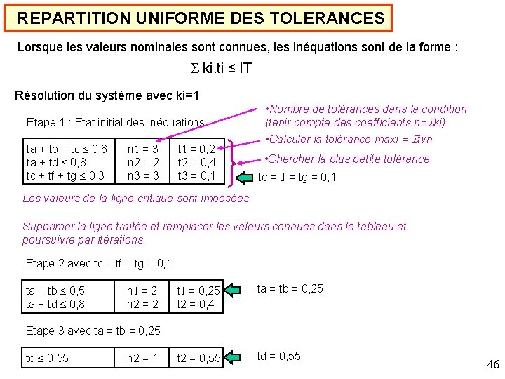 REPARTITION UNIFORME DES TOLERANCES Lorsque les valeurs nominales sont connues, les inéquations sont de