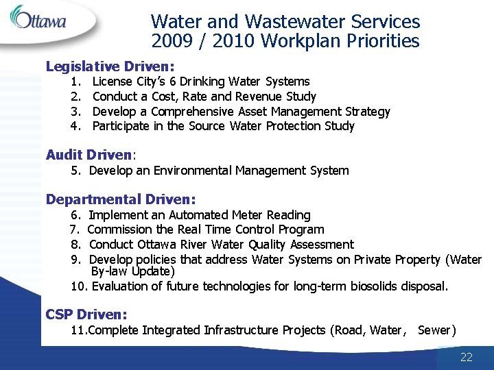 Water and Wastewater Services 2009 / 2010 Workplan Priorities Legislative Driven: 1. License City’s