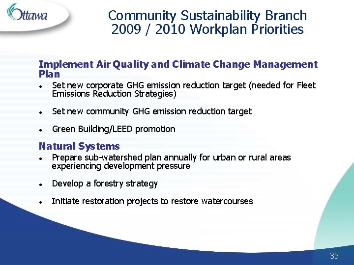 Community Sustainability Branch 2009 / 2010 Workplan Priorities Implement Air Quality and Climate Change