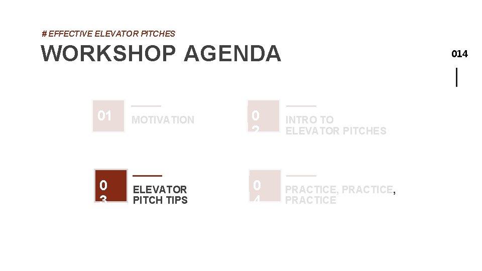 # EFFECTIVE ELEVATOR PITCHES WORKSHOP AGENDA 014 01 MOTIVATION 0 2 INTRO TO ELEVATOR