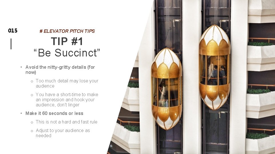 015 # ELEVATOR PITCH TIPS TIP #1 “Be Succinct” • Avoid the nitty-gritty details