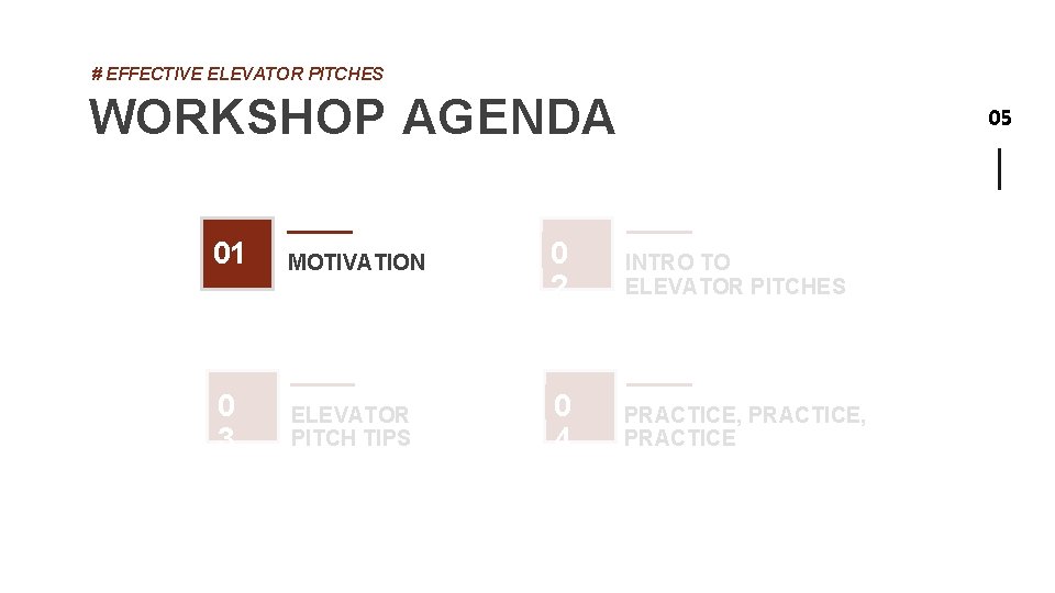 # EFFECTIVE ELEVATOR PITCHES WORKSHOP AGENDA 05 01 MOTIVATION 0 2 INTRO TO ELEVATOR