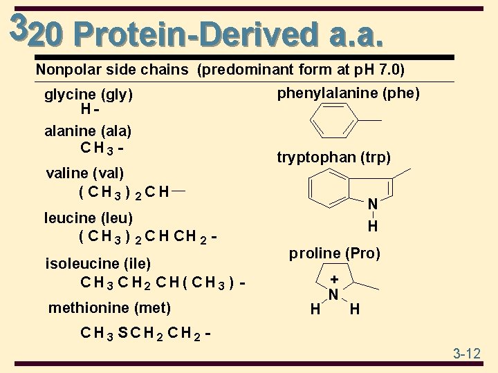 320 Protein-Derived a. a. Nonpolar side chains (predominant form at p. H 7. 0)