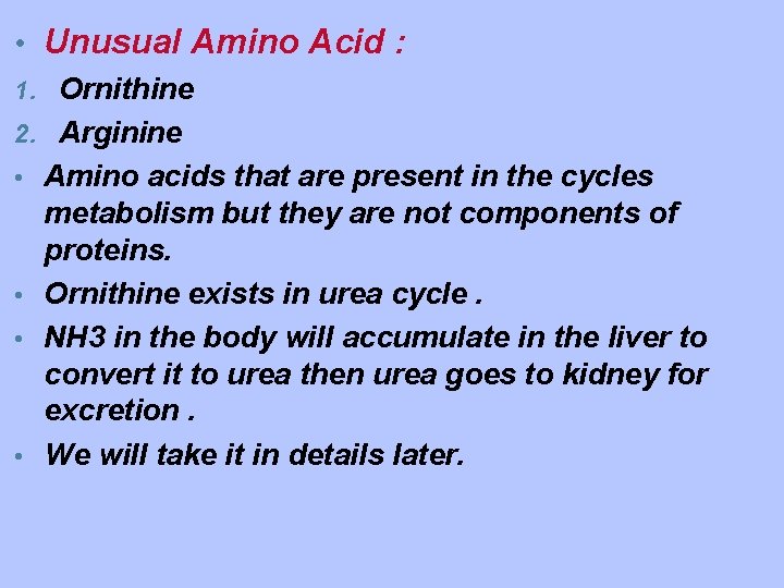 • Unusual Amino Acid : 1. Ornithine 2. Arginine • Amino acids that