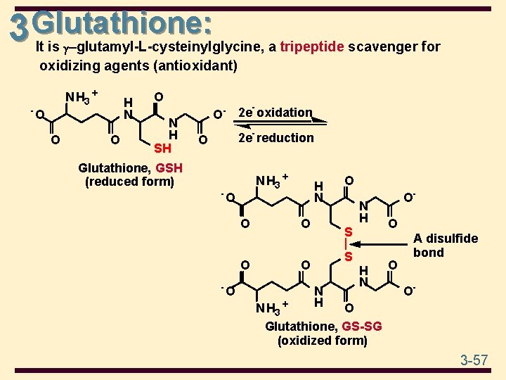 3 Glutathione: It is γ–glutamyl-L-cysteinylglycine, a tripeptide scavenger for oxidizing agents (antioxidant) - N