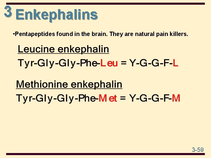 3 Enkephalins • Pentapeptides found in the brain. They are natural pain killers. 3