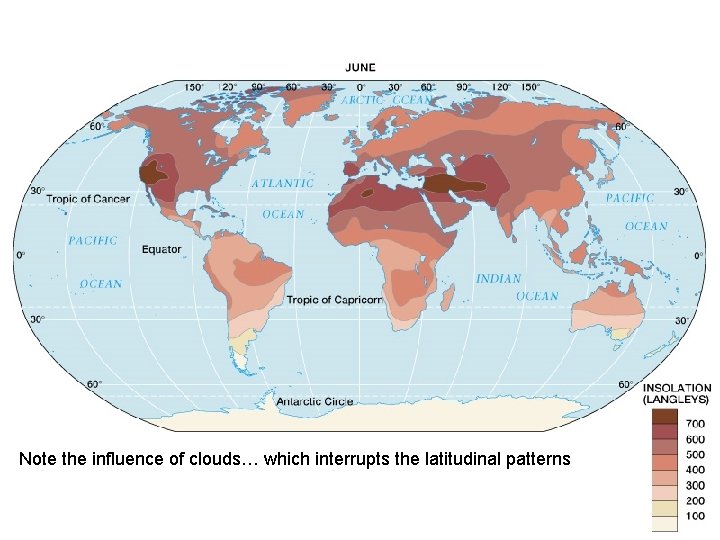 Note the influence of clouds… which interrupts the latitudinal patterns 