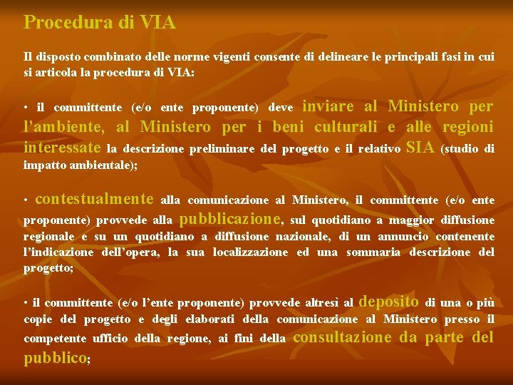 Procedura di VIA Il disposto combinato delle norme vigenti consente di delineare le principali